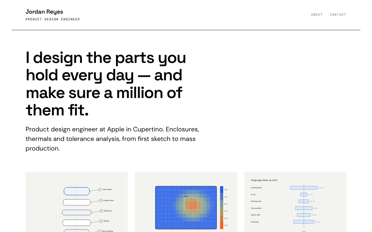 The example portfolio: a headline about designing parts, above a grid of engineering projects.